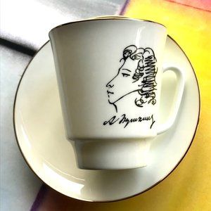 Vintage Espresso Teacup w/ Painted Portrait and matching saucer